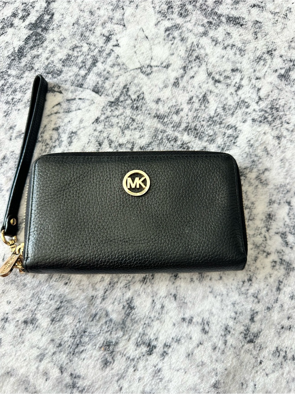 Michael Kors Black Leather Zip-Around Wristlet with Gold Logo